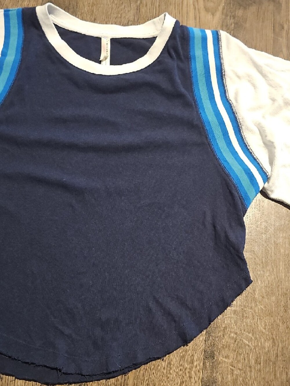 FP Movement by Free People Navy Crop Top White Sleeve Blue Stripes Shirt Medium - Picture 4 of 8